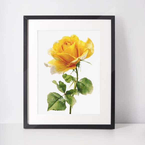 Watercolor Single Yellow Rose Wall Art Print Poster, Unframed - Delicate Floral - Picture 3 of 6